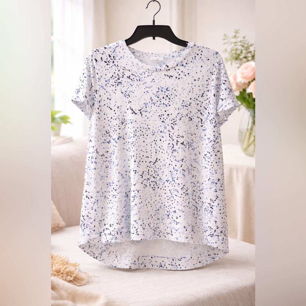 Women's Pullover Top Short Sleeve Liz Claiborne Size L Knit Shirt Spotted Look